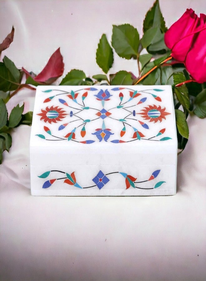 Pooja Creation Floral Painting Decorative Marble Box for Jewellery Storage/Gift 6 x 3 x 1.5 inchinch - Image 2